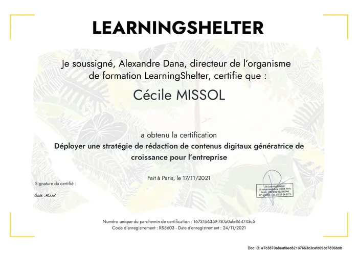 Certificat de réussite de la formation copywriting LiveMentor