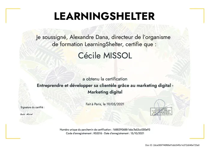 Certificat de réussite de la formation Marketing digital LiveMentor
