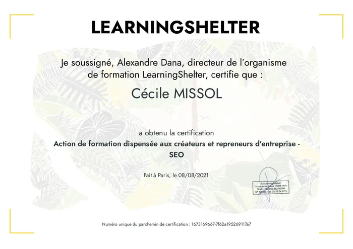 Certificat de réussite de la formation SEO LiveMentor